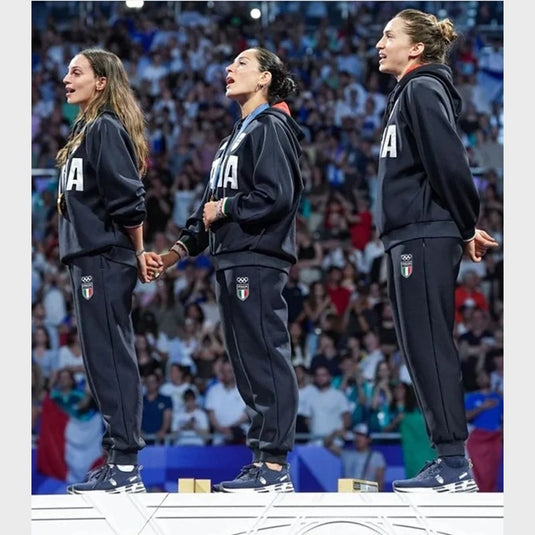 Black fleece pullover hoodie inspired by Italia Paris Olympics design with clean athletic look