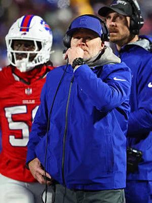 Buffalo Bills blue hooded zip jacket featuring Sean McDermott inspired 2025 sideline design, recreation version