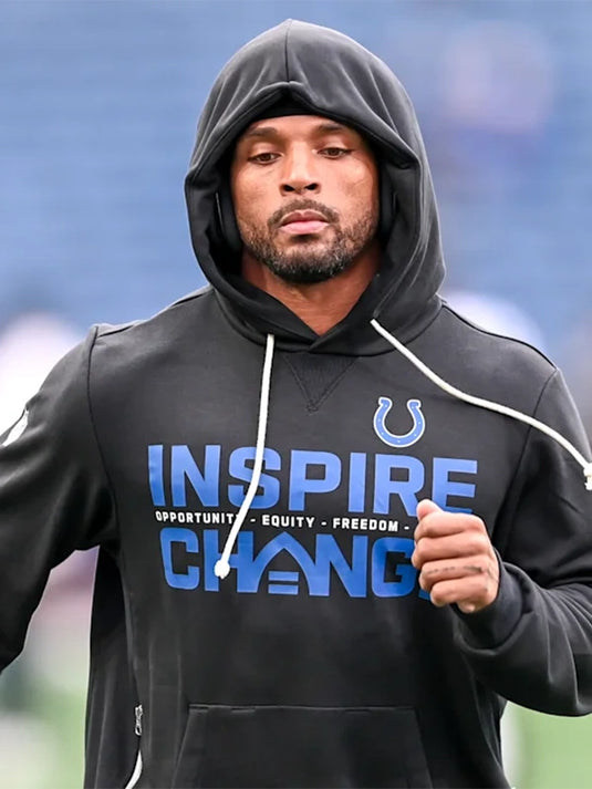 Nike black Inspire Change 2025 hoodie for the Indianapolis Colts with Opportunity Equity Freedom Justice messaging