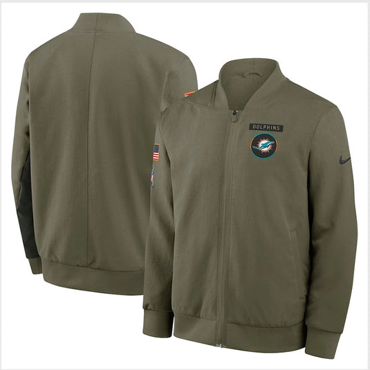 Miami Dolphins Nike 2025 olive green Salute to Service Sideline bomber jacket featuring a smooth full-zip front and modern silhouette.