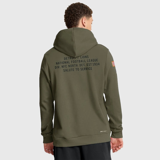 Detroit Lions 2025 olive green Nike hoodie made with Dri-FIT fabric for the Salute to Service series.