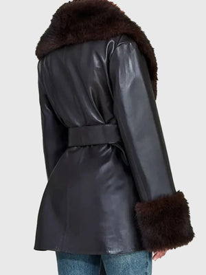RECREATED Erin Andrews 2025 NFC Championship faux leather coat crafted in black with a polished finish