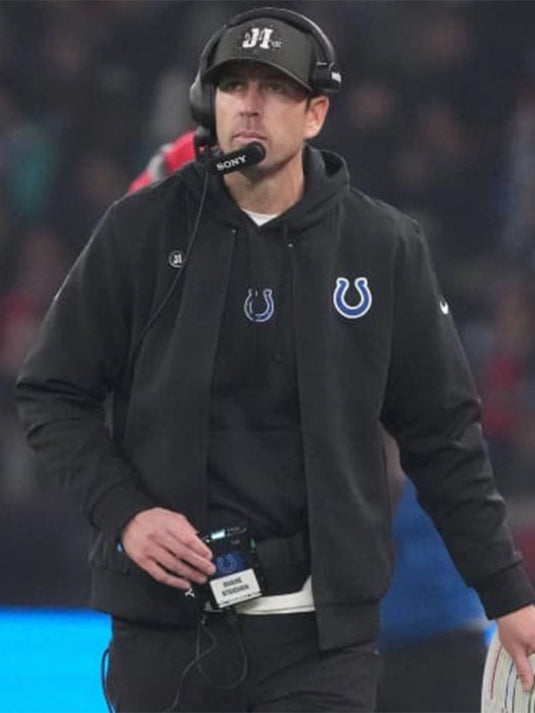 Coach Shane Steichen Indianapolis Colts 2025 black bomber jacket with sideline-inspired design.
