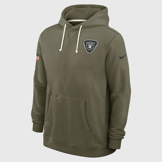 Las Vegas Raiders Nike 2025 olive green Salute to Service hoodie crafted with Dri-FIT fabric and sideline design.