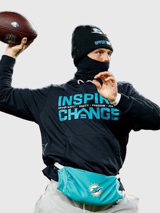 Miami Dolphins 2025 Inspire Change black Nike sideline pullover hoodie featuring Opportunity Equity Freedom Justice lettering