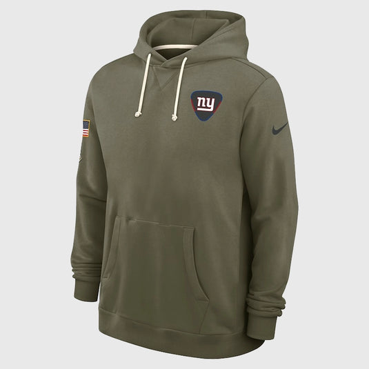 New York Giants Nike Olive Green 2025 Salute to Service Hoodie featuring soft Dri-FIT fleece fabric and team detailing.