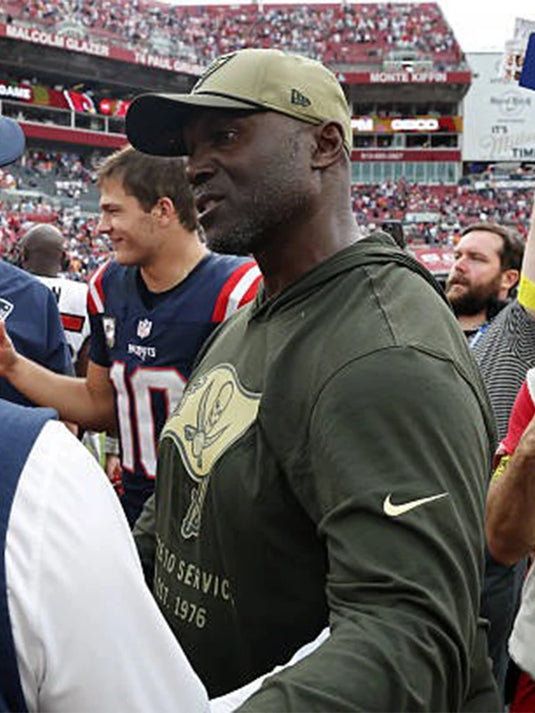 Todd Bowles-inspired Buccaneers 2025 Salute to Service hooded shirt combining comfort and sideline look.