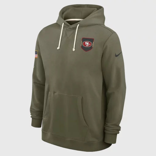 San Francisco 49ers 2025 Olive Green Hoodie by Nike with a Standard Issue sideline look.