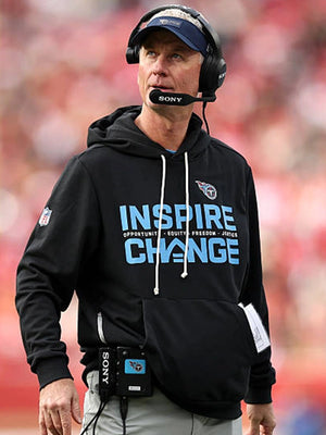 Tennessee Titans 2025 Inspire Change black Nike sideline hoodie inspired by Mike McCoy featuring Opportunity Equity Freedom Justice lettering