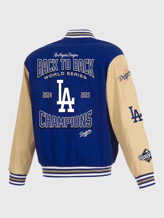 JH Design Dodgers Royal/Tan Full-Zip Varsity Jacket celebrating back-to-back World Series wins with detailed team logos.