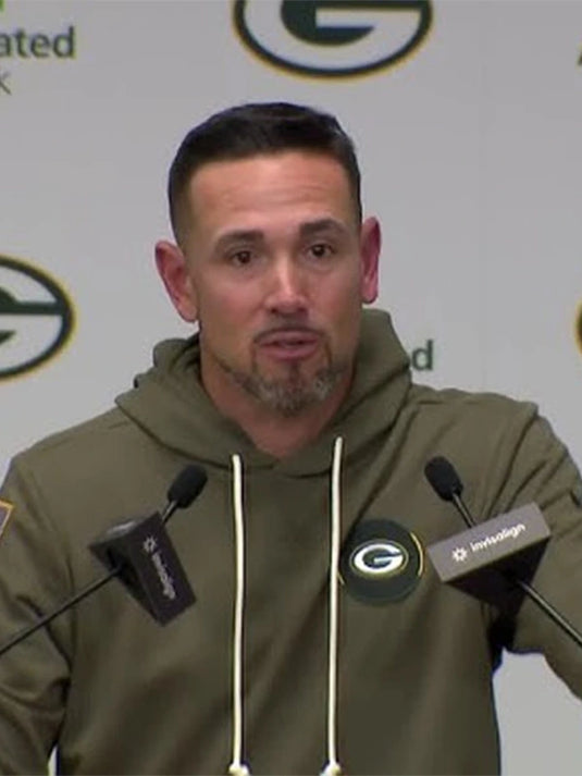Coach Matt LaFleur Green Bay Packers 2025 olive green fleece pullover sideline hoodie from the Salute to Service collection.