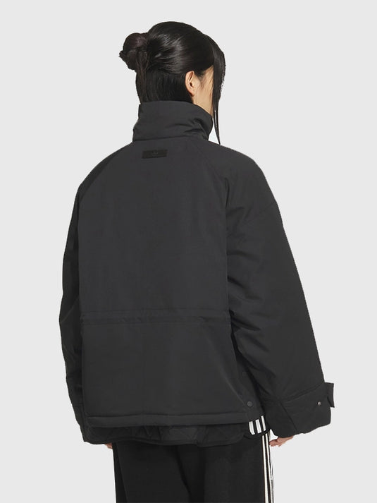 Premium oversized black padded jacket inspired by Adidas 3-Stripes design, recreated with a relaxed winter silhouette