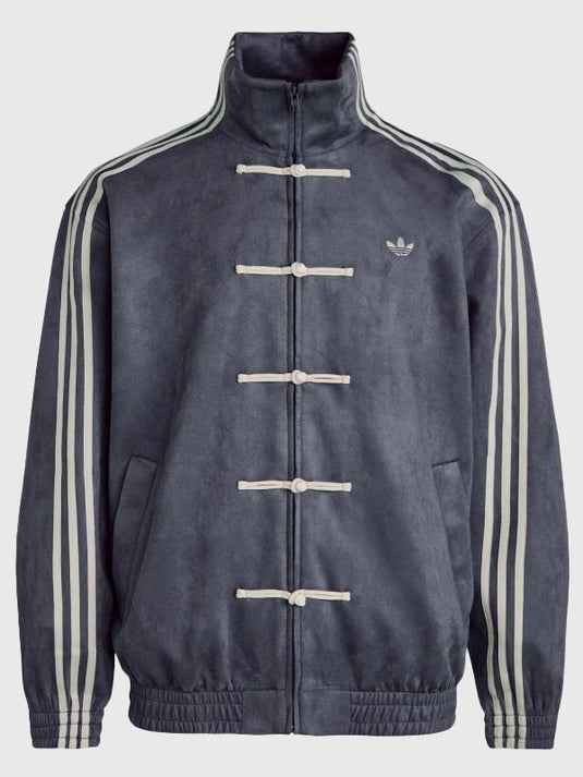 Chinese New Year inspired gray suede leather Tang jacket with Adidas-influenced design