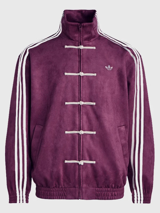 Chinese New Year themed purple suede leather Tang jacket with Adidas-inspired design