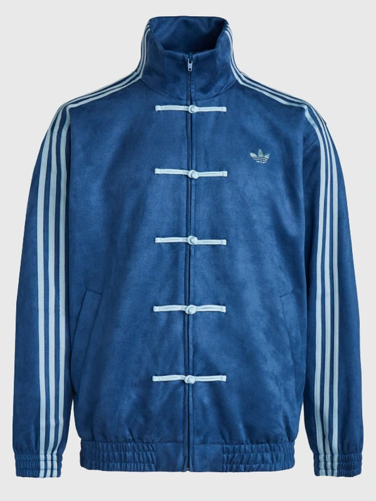 Recreated Adidas CNY 2026 Tang jacket featuring royal blue suede leather construction