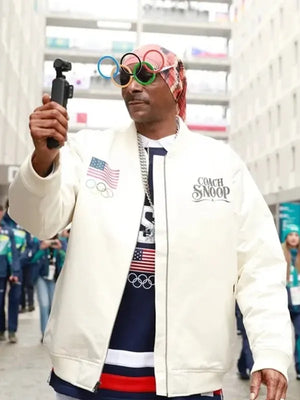 Recreated 2026 Olympic Team USA Snoop Dogg white satin bomber jacket with smooth glossy finish and classic ribbed trims