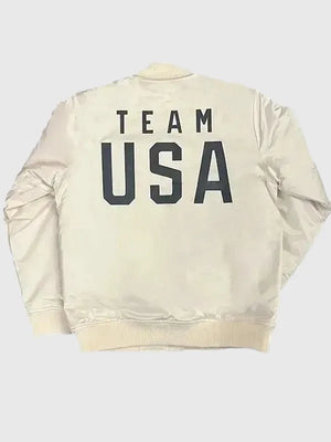 Recreated Olympic 2026 Team USA bomber jacket in white satin with bold sporty aesthetic and smooth interior lining