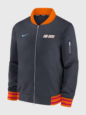 Recreated San Diego Padres Nike black and orange 2026 City Connect authentic collection full-zip bomber jacket with bold color blocking and sleek design