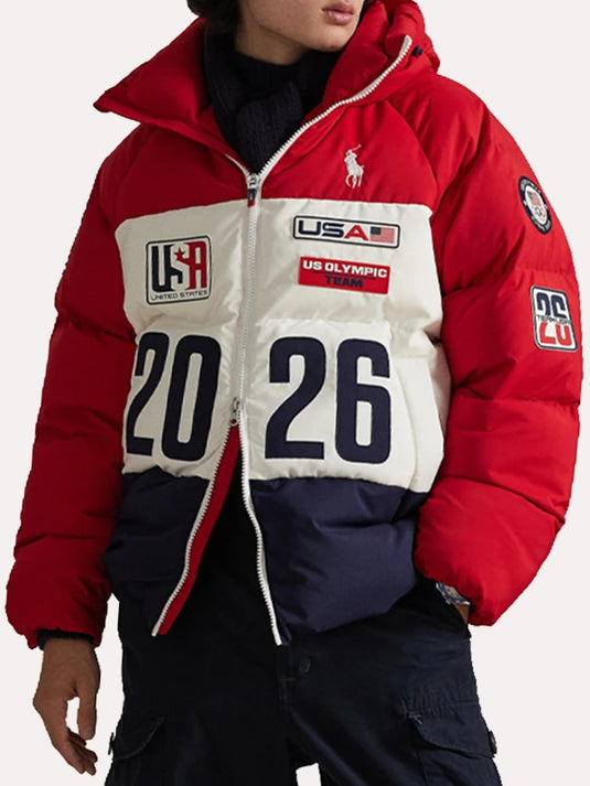 Red and white Closing Ceremony hooded puffer jacket by Polo Ralph Lauren featuring Team USA Milano Cortina 2026 Winter Olympics inspired winter styling