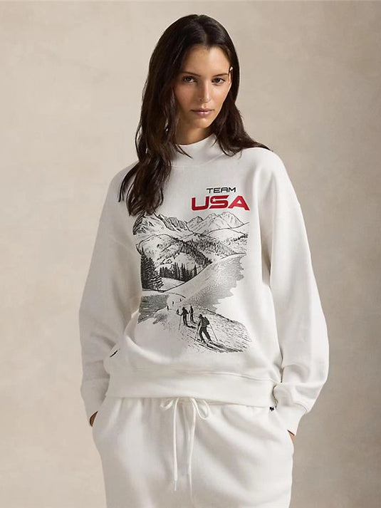 White graphic fleece mockneck sweatshirt from Polo Ralph Lauren featuring Team USA Milano Cortina 2026 Winter Olympics design