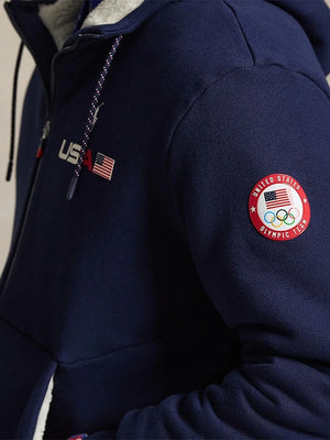 Polo Ralph Lauren navy fleece sherpa hoodie created for Team USA Milano Cortina 2026 Olympic collection