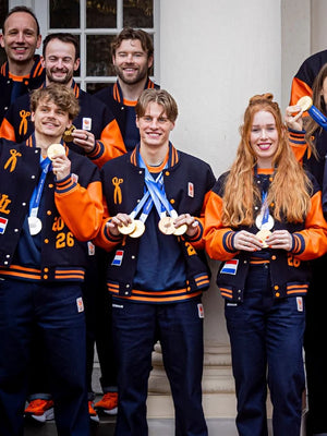 Recreated Team Netherlands Denham varsity jacket with snap button front and ribbed collar and cuffs