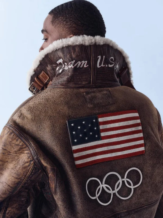 Polo Ralph Lauren–inspired brown leather flight jacket recreated with Team USA Olympic styling