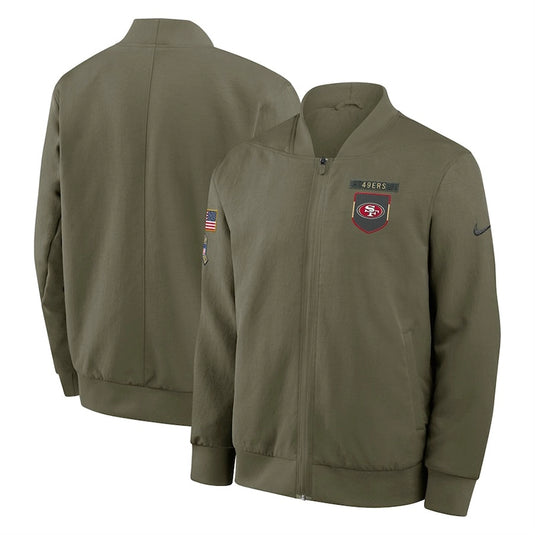 San Francisco 49ers Nike 2025 olive green Salute to Service Sideline bomber jacket featuring a clean full-zip front and modern design.