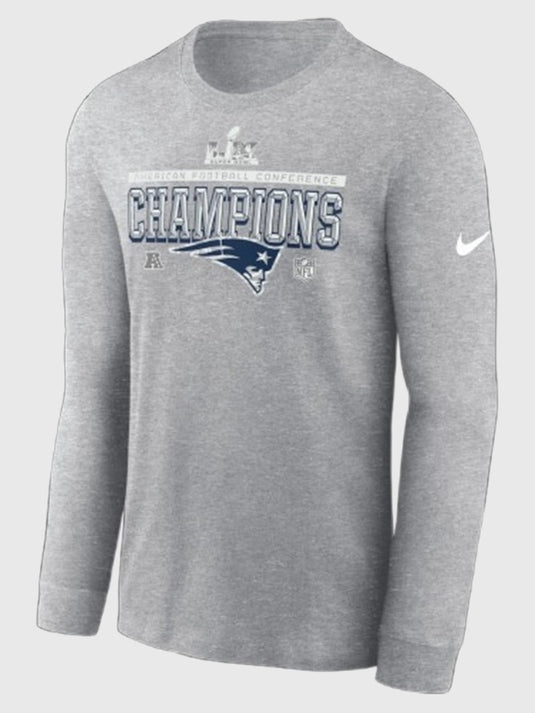 Heather grey long sleeve t-shirt celebrating New England Patriots 2025 AFC Champions locker room win by Nike