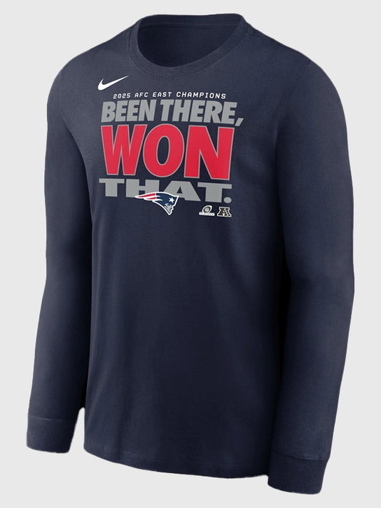 New England Patriots 2025 AFC East Division Champions navy long sleeve tee designed for casual wear with Nike branding