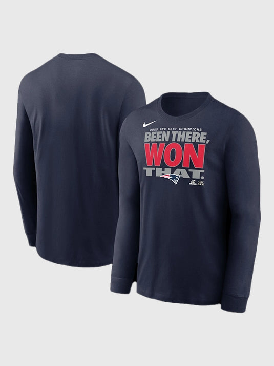 Navy long sleeve t-shirt by Nike featuring New England Patriots 2025 AFC East Division Champions Locker Room Trophy Collection design
