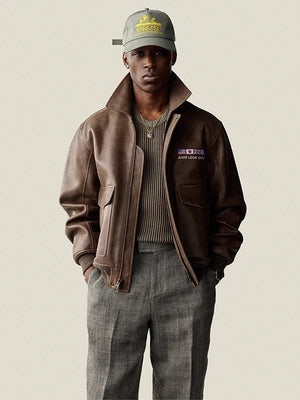 Recreated Aimé Leon Dore World’s Borough 2026 brown flight leather jacket in unisex fit with classic aviator silhouette and smooth finish