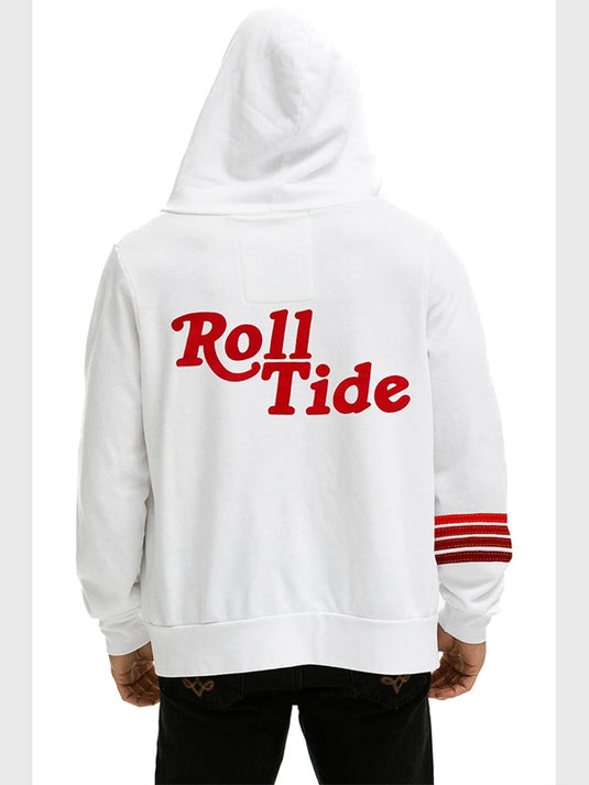 Aviator Nation University of Alabama 2025 Roll Tide zip-up hoodie in white featuring signature retro-inspired stripe design.