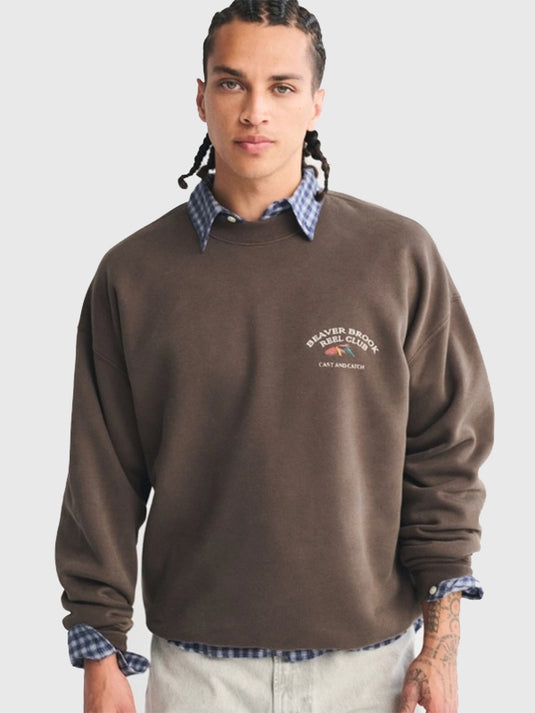 Abercrombie Countryside brown Beaver Brook Reel Club crewneck graphic sweatshirt.