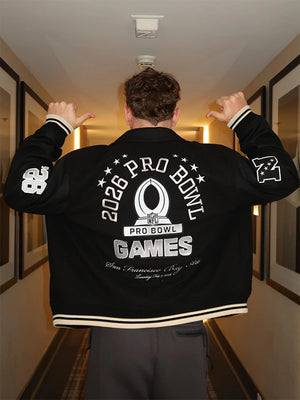 RECREATED – Abercrombie 2026 Pro Bowl Games Black Wool Varsity Jacket with Leather Sleeves 