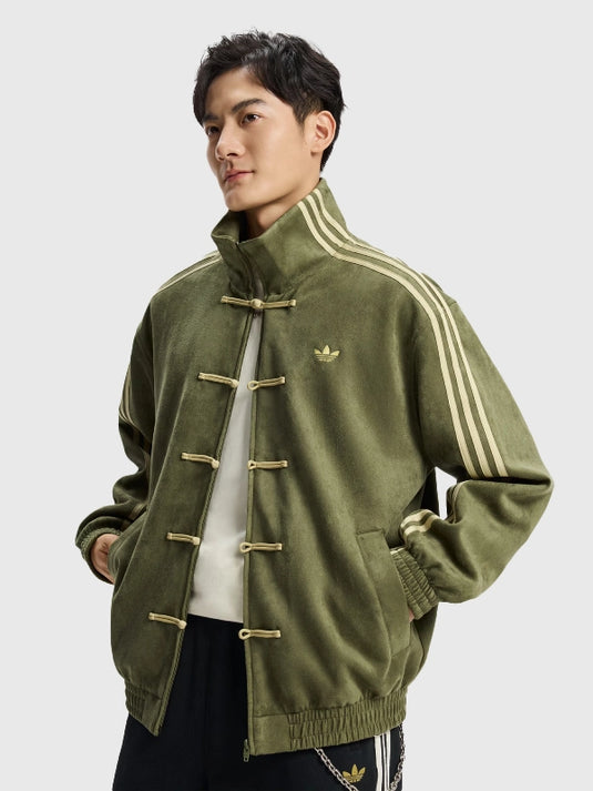 Chinese New Year inspired green suede leather Tang jacket with Adidas-influenced styling