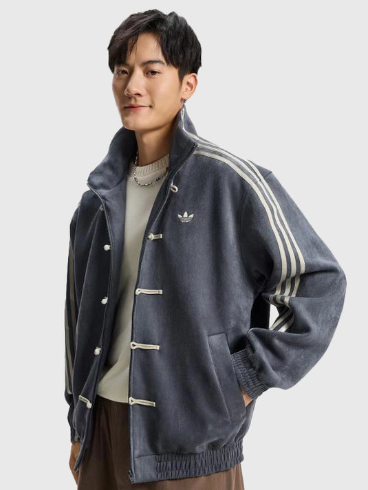 Adidas inspired 2026 Chinese New Year gray suede Tang jacket with understated elegance