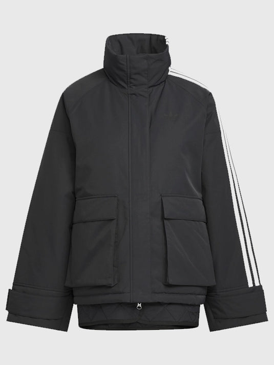 RECREATED Adidas premium oversized jacket in black combining padded warmth and clean athletic detailing