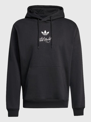 Black fleece pullover hoodie recreated from the Adidas x Bob Marley 2026 Football Is Freedom collection with bold cultural graphics and soft fleece construction.