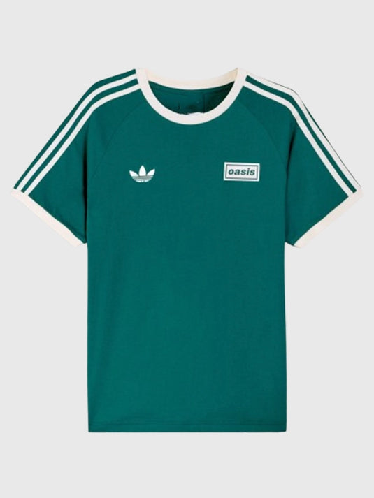 Adidas x Oasis unisex green T-shirt from the 2025 Drop 2 Tour lineup offering breathable material and clean detailing