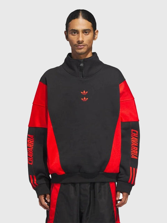 Black and red mockneck sweatshirt recreation from the Adidas x Willy Chavarria 2025 Watsonville line featuring clean athletic detailing