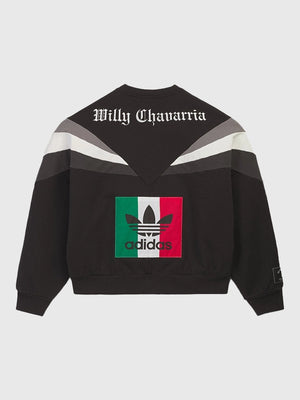 Unisex black Adidas x Willy Chavarria Chicano 2.0 crewneck sweatshirt featuring ribbed cuffs and classic sport silhouette