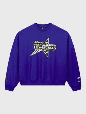 Recreated Adidas x Willy Chavarria Star Logo crewneck sweatshirt in blue with bold front emblem and relaxed unisex fit
