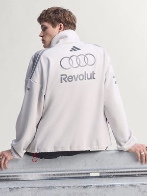 Recreated Audi Revolut F1 Team Engineers and Marketing white fleece jacket with ribbed trims and modern motorsport aesthetic