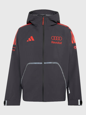 Recreated Adidas x Audi Revolut F1 Team Mechanics hooded full-zip rain jacket in black with lightweight waterproof shell and streamlined fit