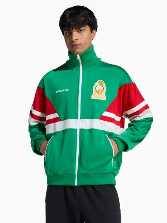 Green & red track jacket recreated from Adidas 1986 Mexico World Cup sportswear with casual fit