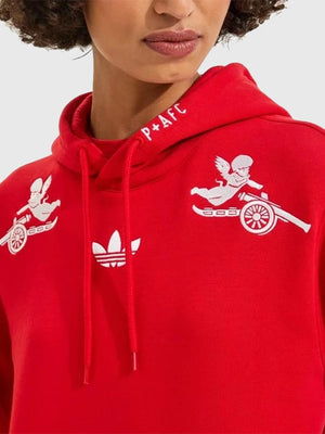 RECREATED Arsenal 2025/26 Adidas x Places + Faces Red Fleece Hoodie showcasing a sleek pullover design with sporty graphic detailing