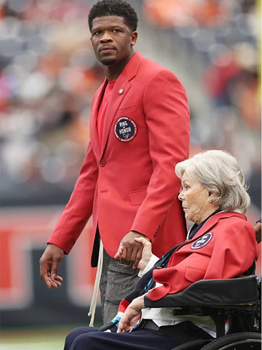 Recreation Houston Texans blazer in red paying tribute to Andre Johnson’s Ring of Honor induction.