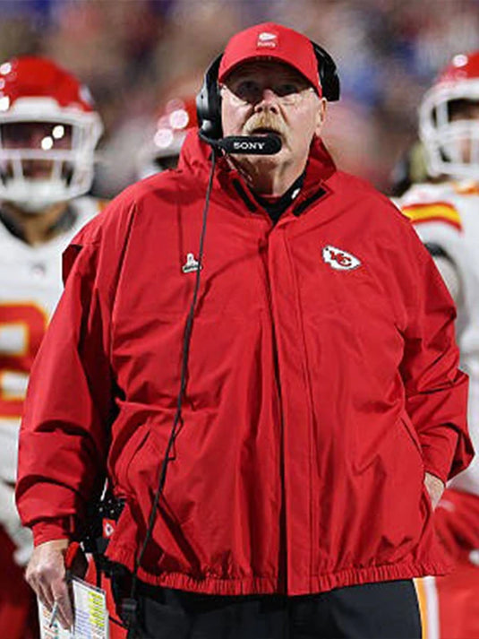 Coach Andy Reid Chiefs 2025 Red Jacket featuring durable outer shell and athletic fit.