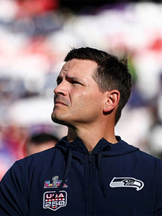 Seattle Seahawks sideline navy half-zip anorak jacket inspired by Coach Mike MacDonald for Super Bowl LX recreation